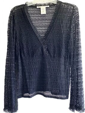 Max Studio Black Lace Top L Sheer Stretch V Neck Romantic Boho Goth NWT